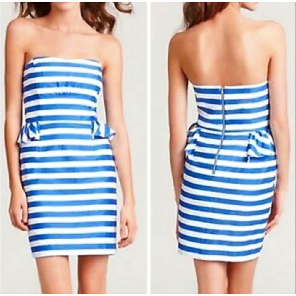 Lilly Pulitzer Strapless Peplum Dress Blue White Striped Nautical Mini Size 4